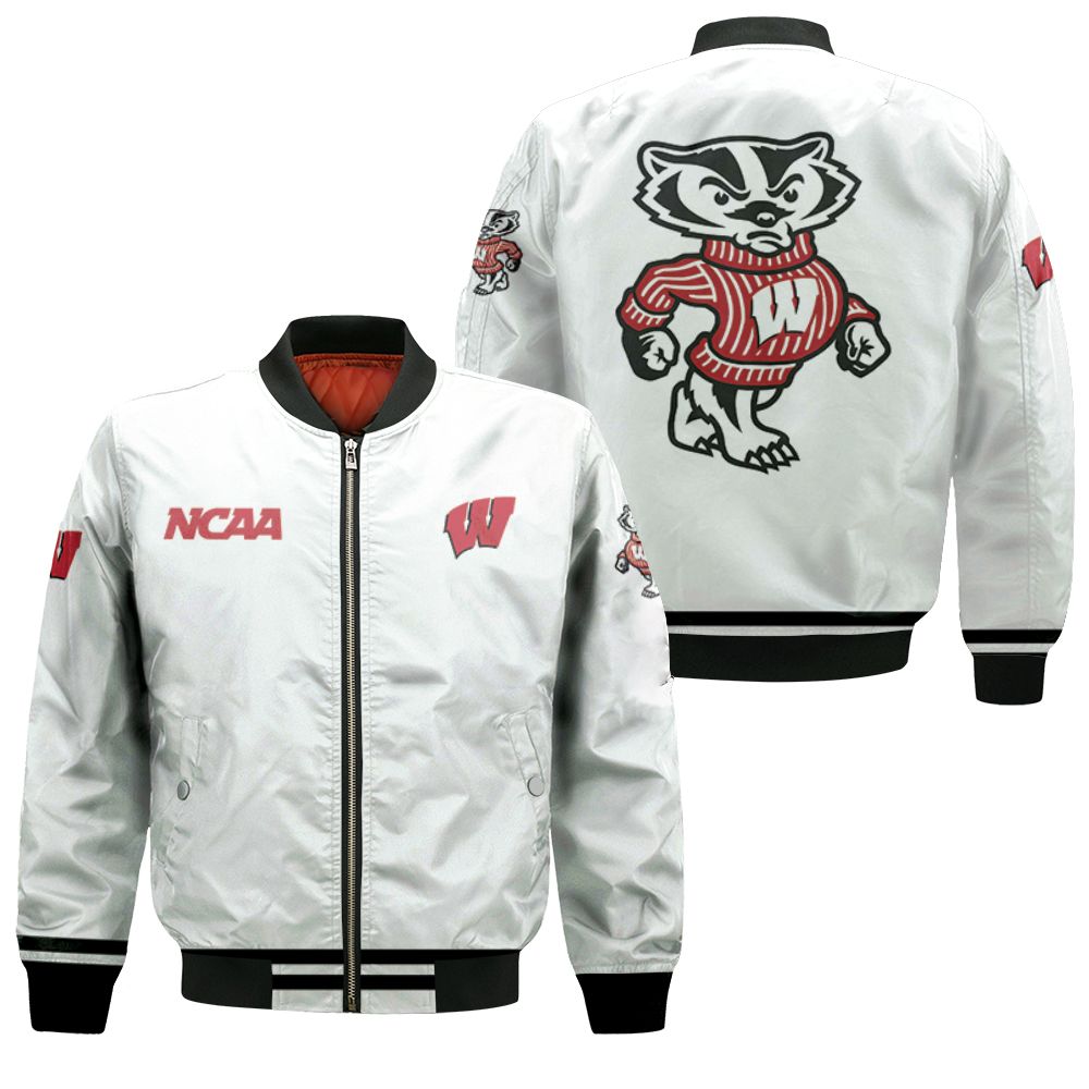 Wisconsin Badgers Ncaa Classic White With Mascot Logo Gift For Wisconsin Badgers Fans Bomber Jacket