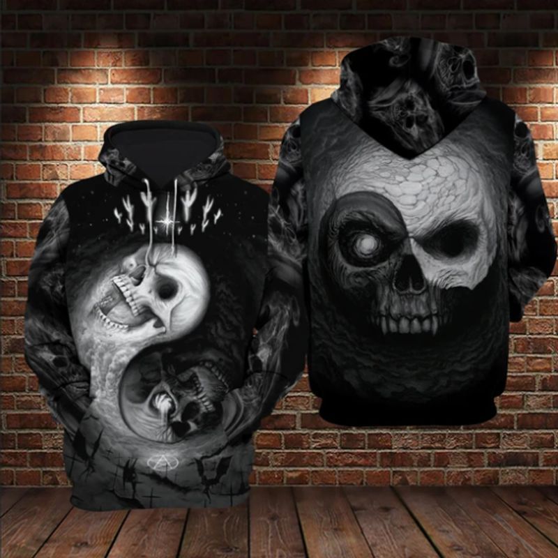 Yin Yang Skull Over Print 3d Zip Hoodie