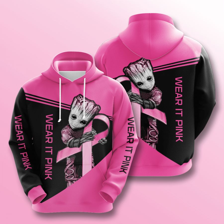 Baby Groot Wear it Pink Breast Cancer 3D Printed Hoodie