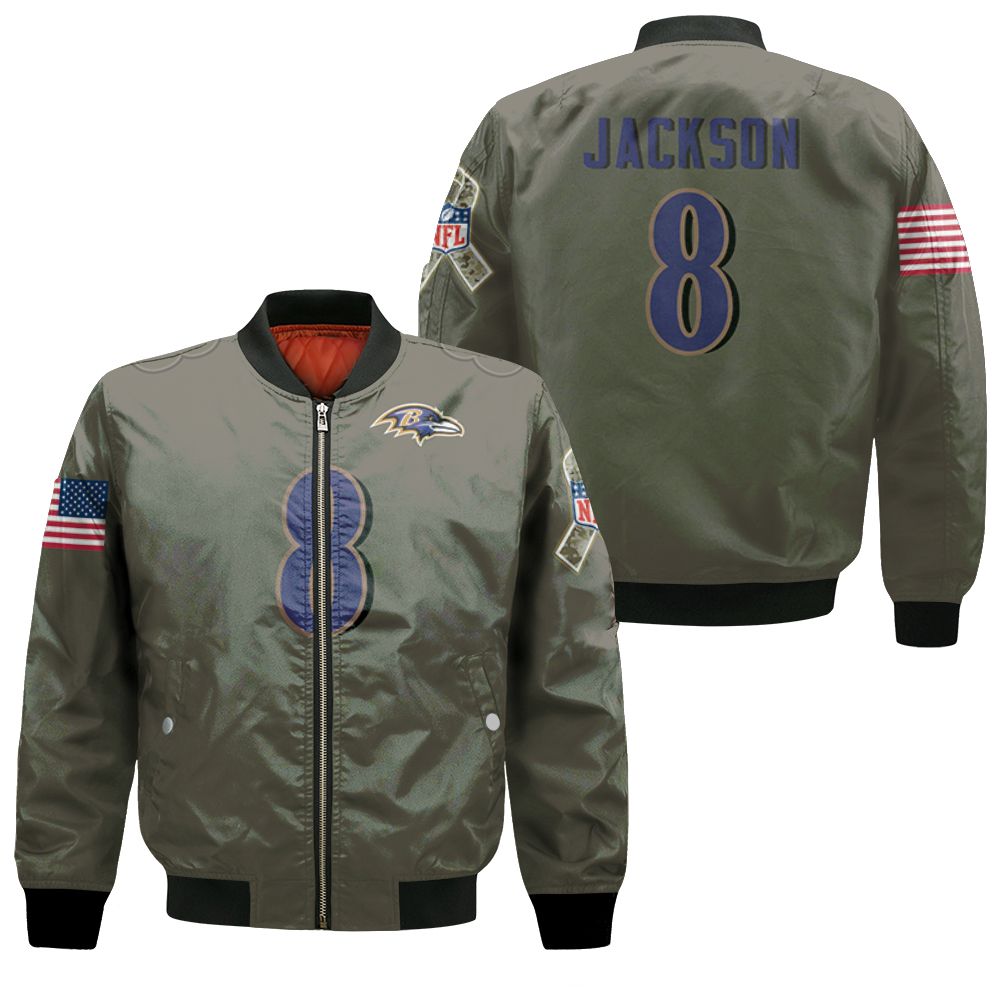 Baltimore Ravens Lamar Jackson #8 Nfl Deion Sanders Salute To Service Retired Player Olive 3d Designed Allover Gift For Baltimore Fans Bomber Jacket