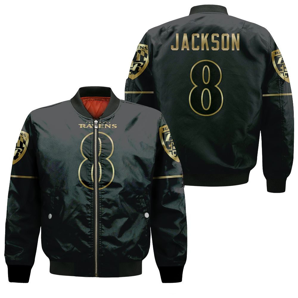 Baltimore Ravens Lamar Jackson #8 Nfl Great Player Black Golden Edition Vapor 3d Designed Allover Gift For Baltimore Fans Bomber Jacket