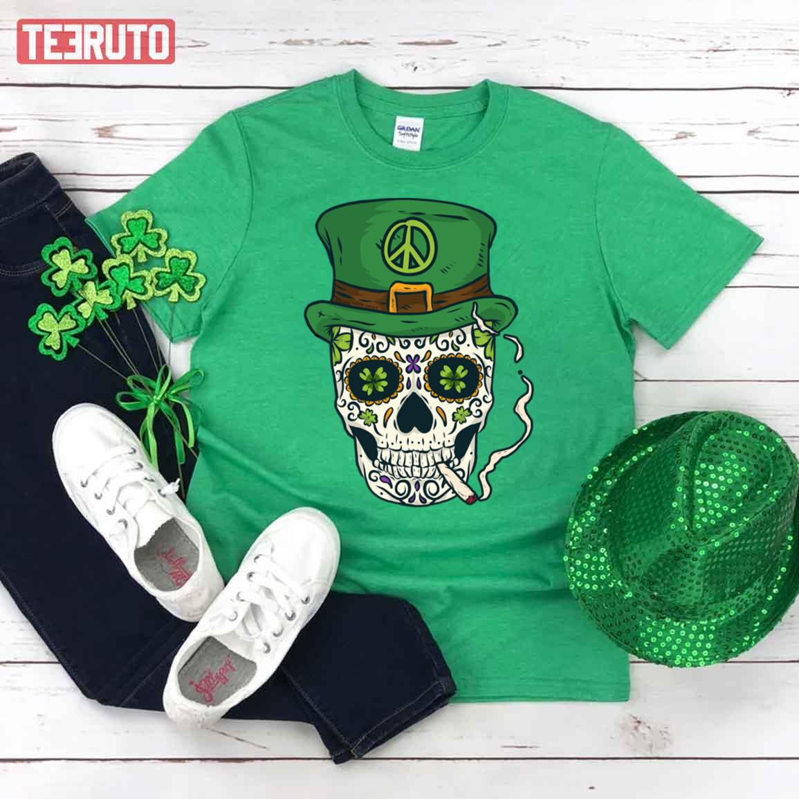 Boho Sugar Skull St. Patrick’s Day Smoking Weed Unisex T-Shirt