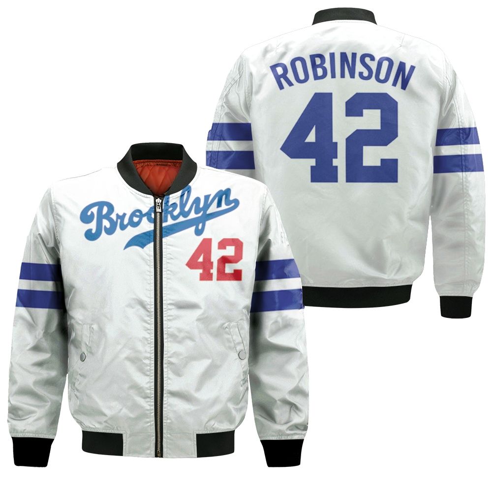 Brooklyn Dodgers Jackie Robinson 42 Mlb White Jersey Inspired Style Bomber Jacket