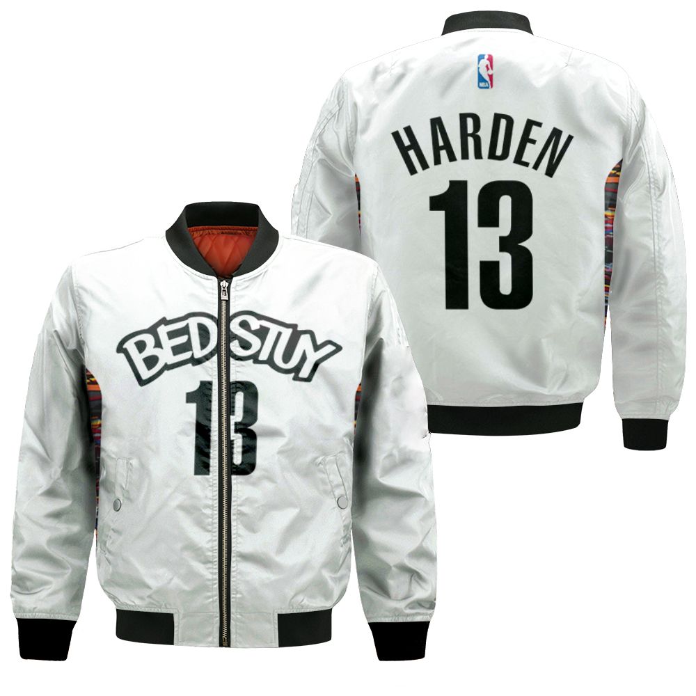 Brooklyn Nets Bed-Study James Harden #13 Nba Basketball 2020 City Edition New Arrival White 3d Designed Allover Gift For Brooklyn Fans Bomber Jacket