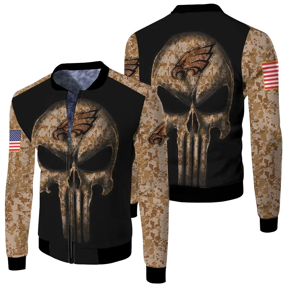 Camouflage Skull Philadelphia Eagles American Flag Fleece Bomber Jacket