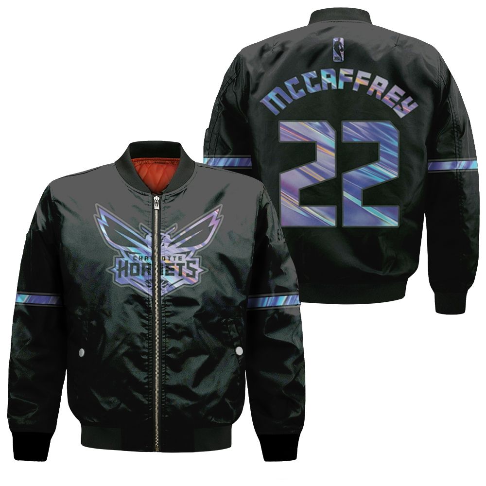 Charlotte Hornets Christian Mccaffrey #22 Nba Great Player Ball Iridescent Holographic Black Jersey Style Gift For Hornets Fans Bomber Jacket