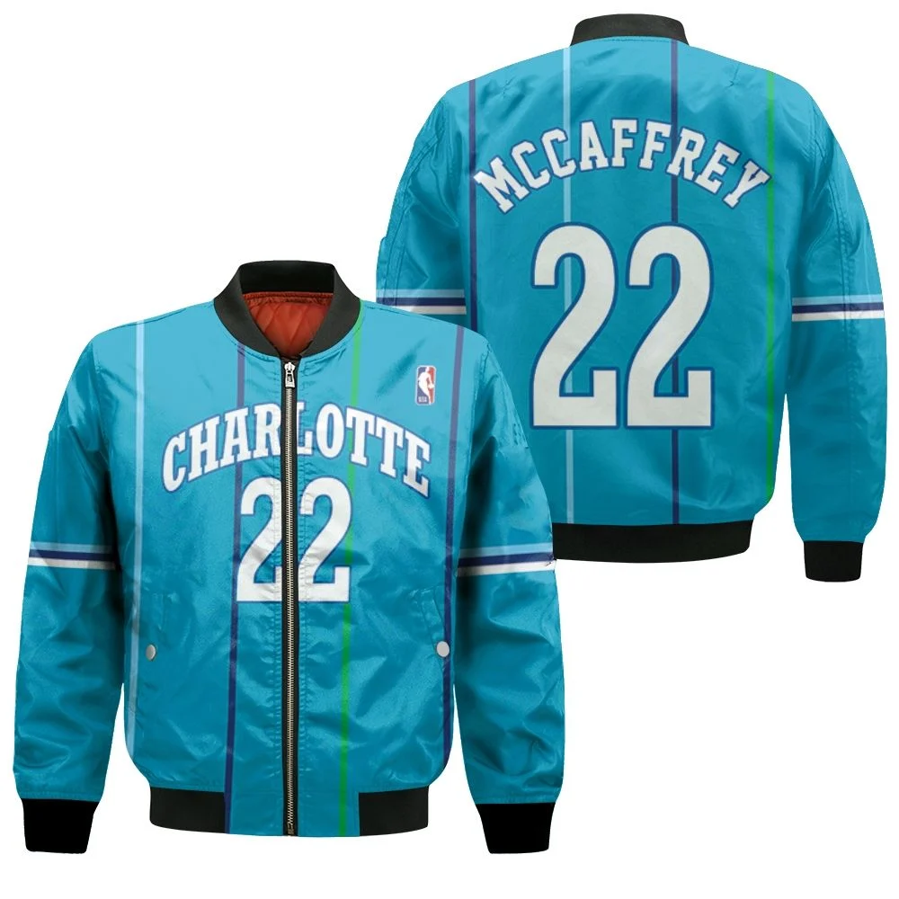 Charlotte Hornets Christian Mccaffrey #22 Nba Great Player Hardwood Classics Teal 2019 Jersey Style Gift For Hornets Fans Bomber Jacket