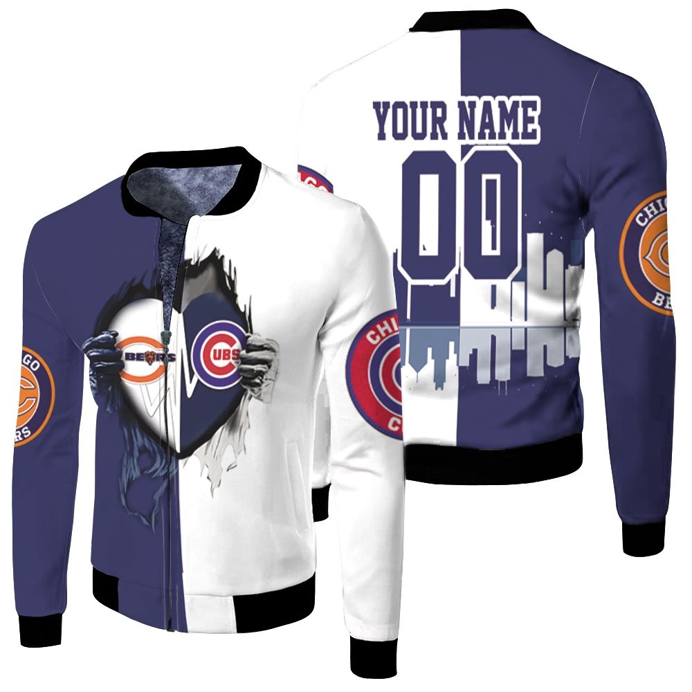 Chicago Bears And Chicago Cubs Heartbeat Love Ripped 3d Personalized Fleece Bomber Jacket