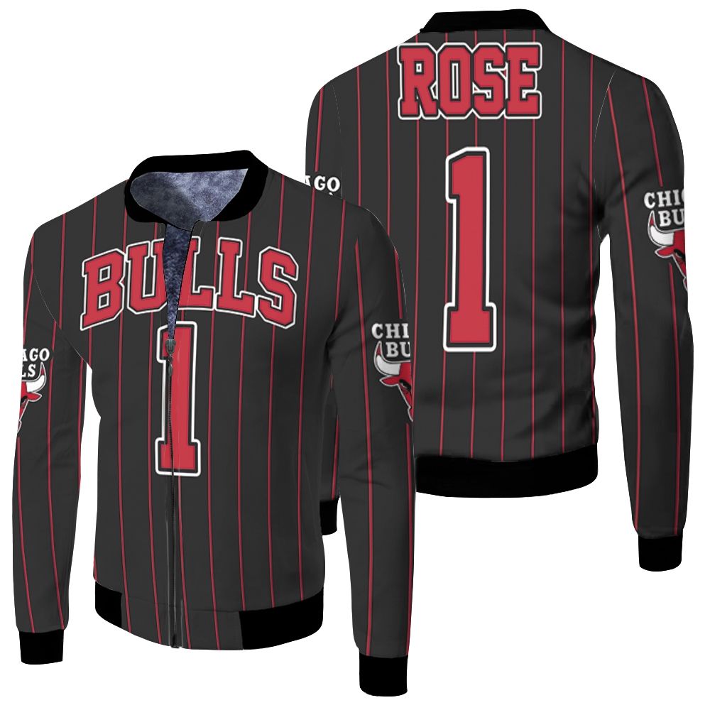 Chicago Bulls Derrick Rose 1 Nba Throwback Red Stripes Black Jersey Inspired Fleece Bomber Jacket