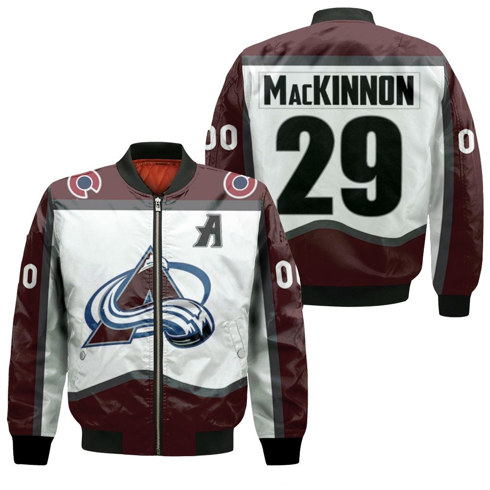 Colorado Avalanche Nathan Mackinnon 29 Nhl 2020 White And Wine Jersey Inspired Style Bomber Jacket