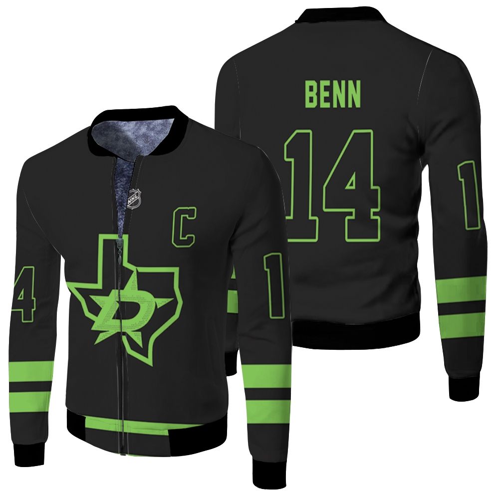 Dallas Stars Jamie Benn Nhl 2020 Black Jersey Inspired Fleece Bomber Jacket