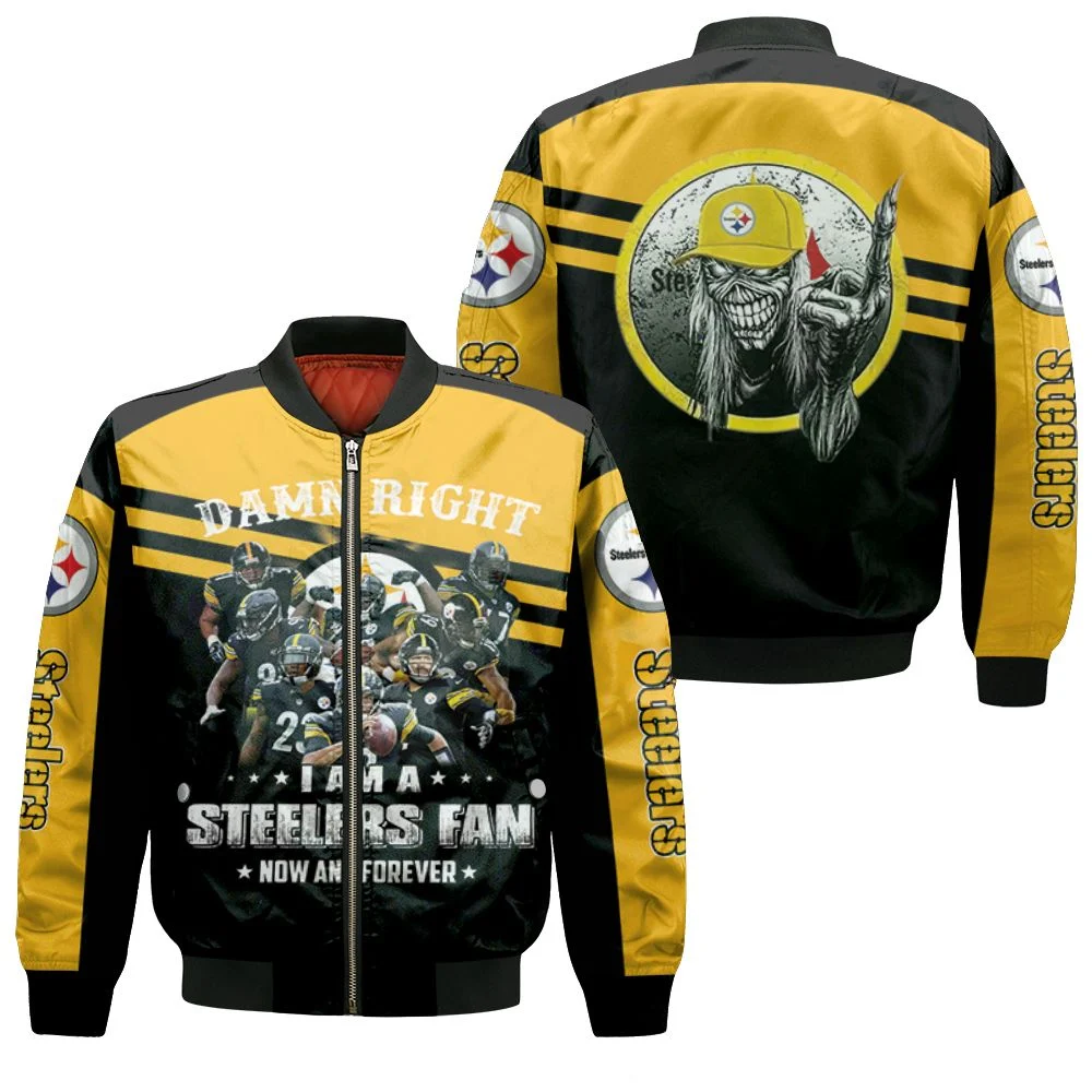 Damn Right I Am A Pittsburgh Steelers Fan Now And Forever Skull Jersey Bomber Jacket