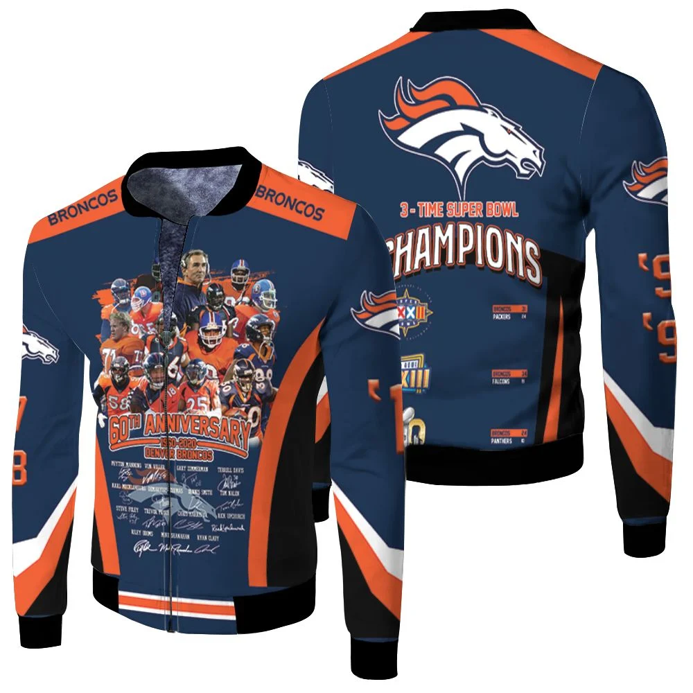 Denver Broncos 60th Anniversary Coach And Players Signed 3d Jersey Fleece Bomber Jacket