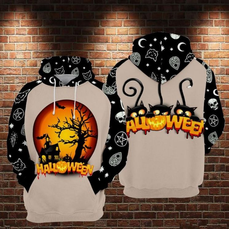 Doodle Halloween Cat Theme Over Print 3d Zip Hoodie