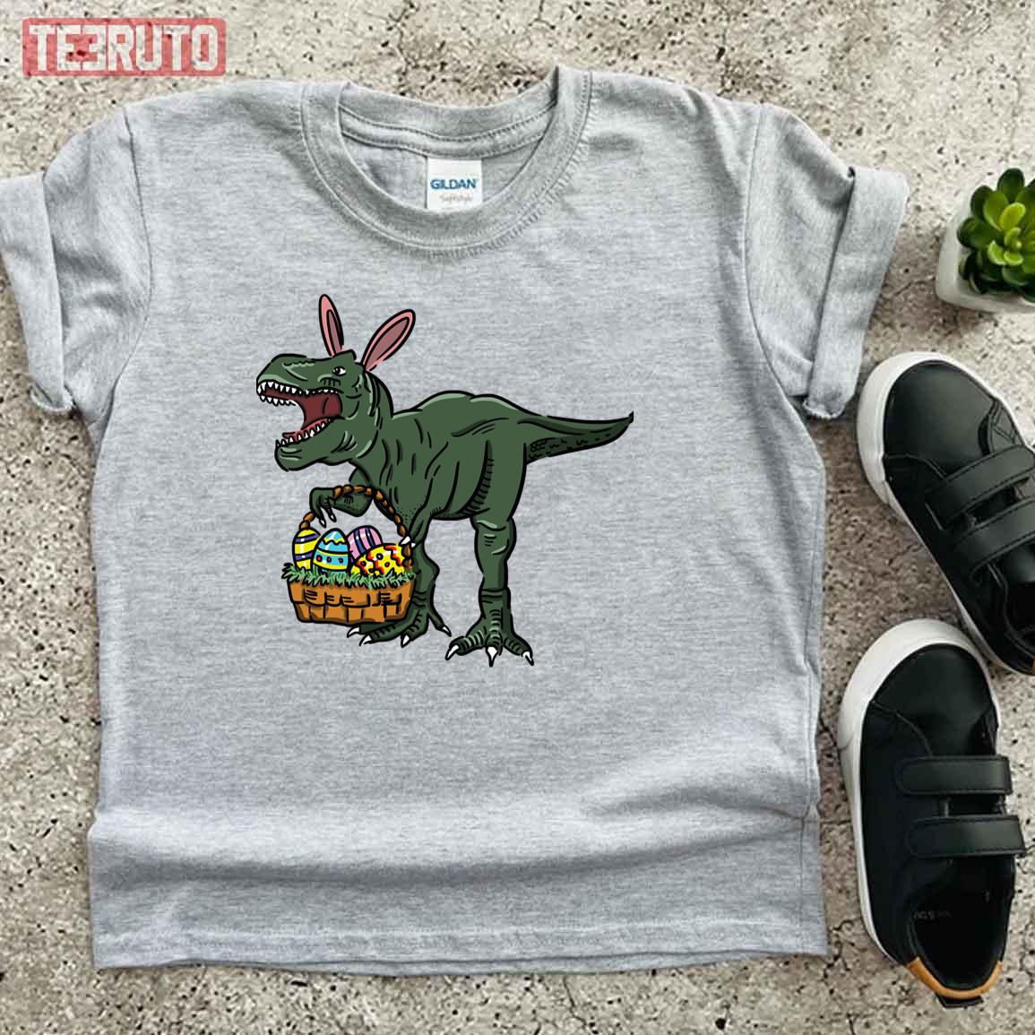 Easter Dinosaur In Bunny Ears Egg Basket Kid T-Shirt