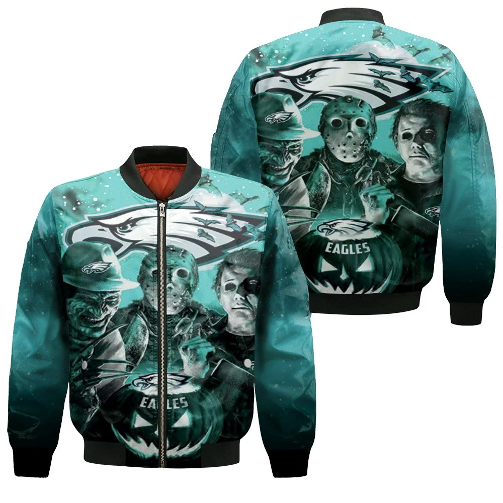 Freddy Jason Michael Myers Loves Philadelphia Eagles Pumpkin Head Halloween 3d Jersey Bomber Jacket