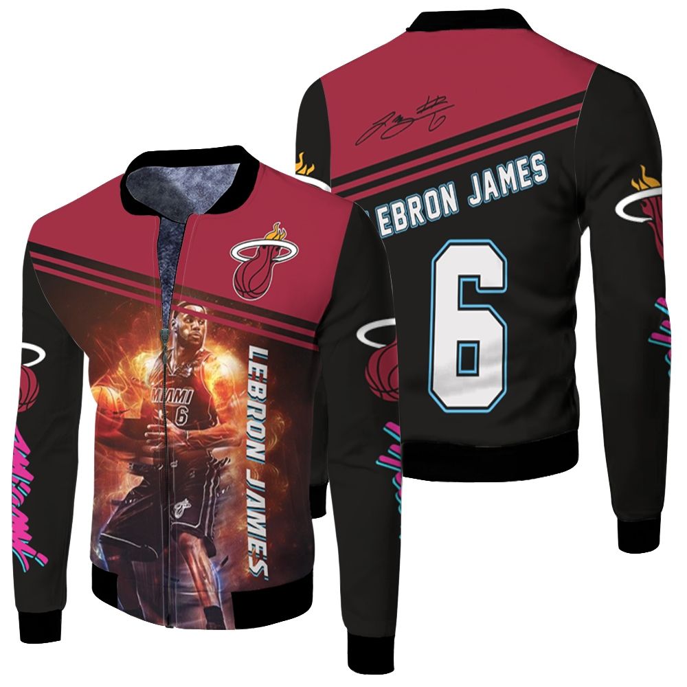 Lebron James 6 Miami Heat Legend Dribbling Fire For Fan Fleece Bomber Jacket