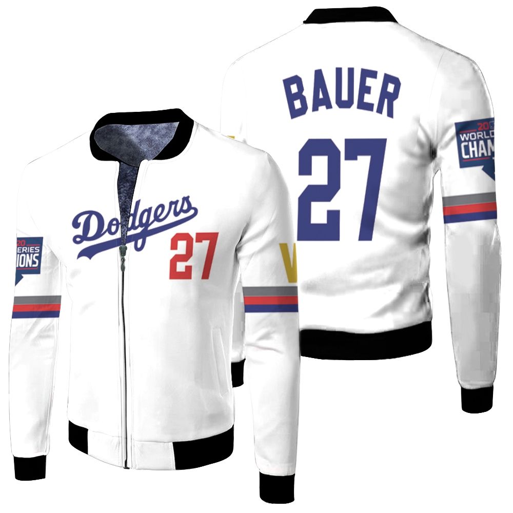 Los Angeles Dodgers Bauer 27 2020 Championship Golden Edition White Jersey Inspired Style Fleece Bomber Jacket