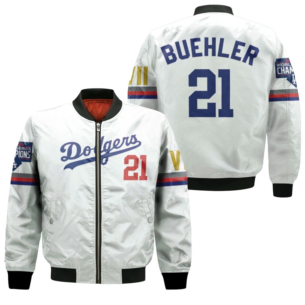 Los Angeles Dodgers Buehler 21 2020 Championship Golden Edition White Jersey Inspired Style Bomber Jacket