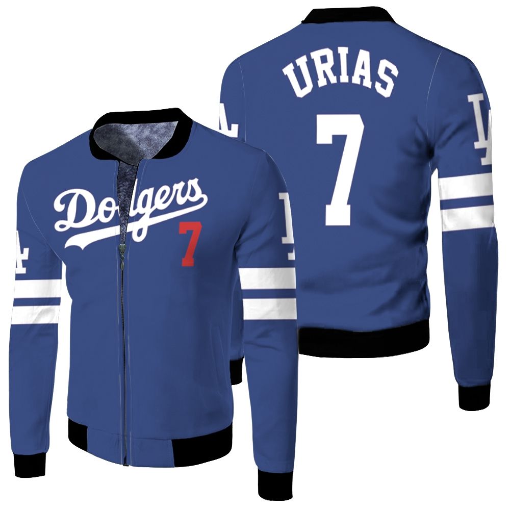 Los Angeles Dodgers Julio Urias 7 2020 Mlb Blue Jersey Inspired Style Fleece Bomber Jacket