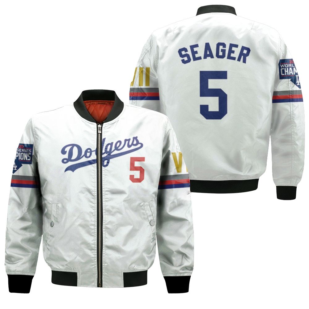 Los Angeles Dodgers Seager 5 2020 Championship Golden Edition White Jersey Inspired Style Bomber Jacket