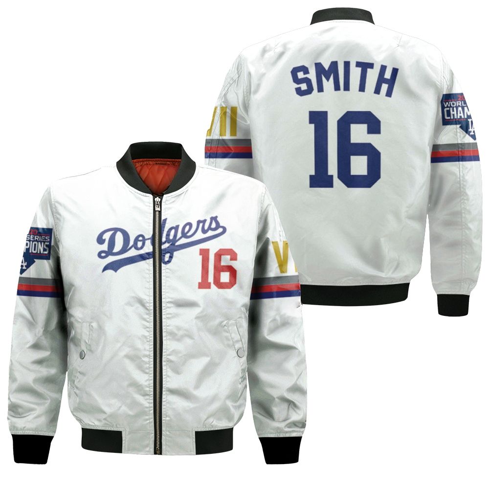 Los Angeles Dodgers Smith 16 2020 Championship Golden Edition White Jersey Inspired Style Bomber Jacket