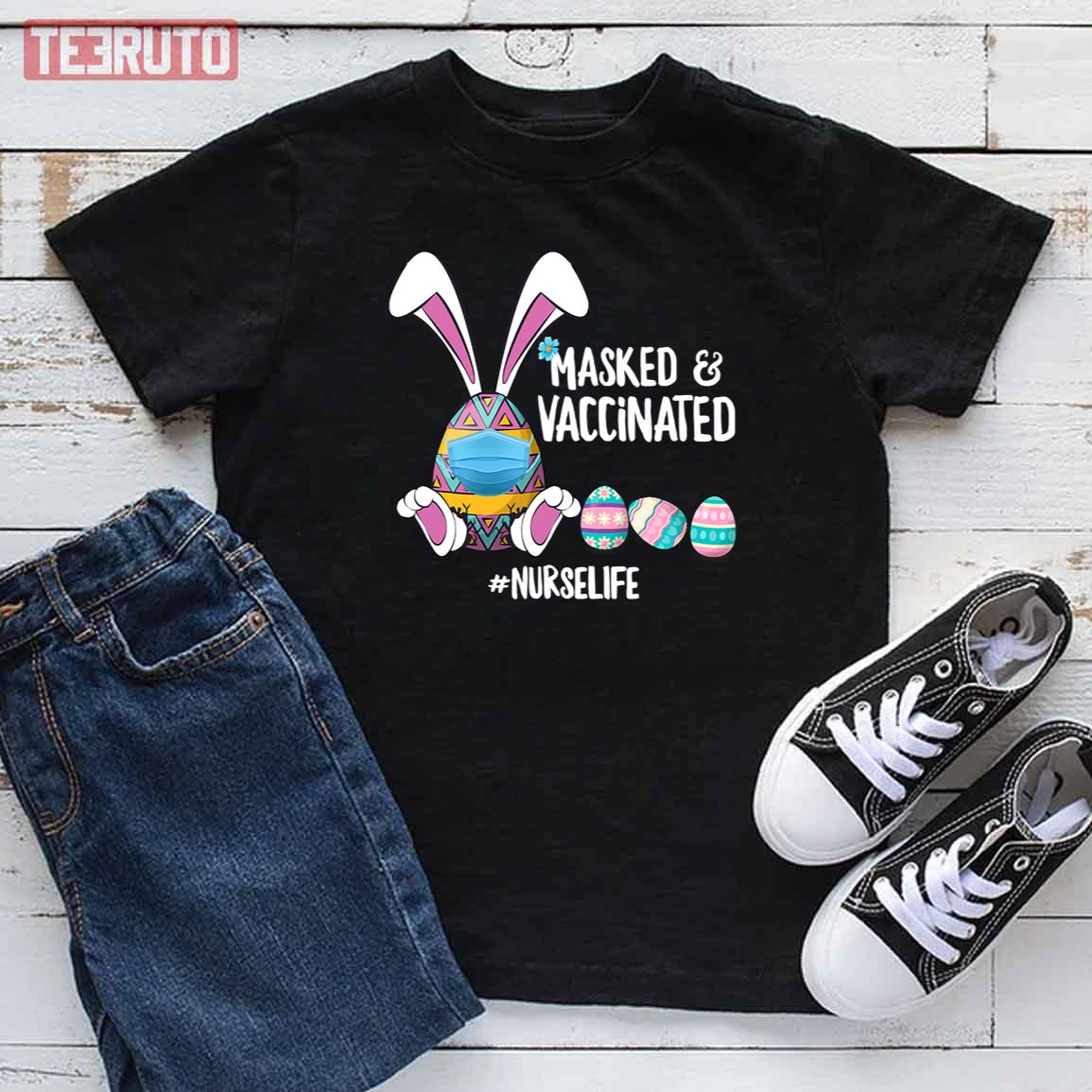 Masked Vaccinated Easter Day Egg Bunny Kid T-Shirt