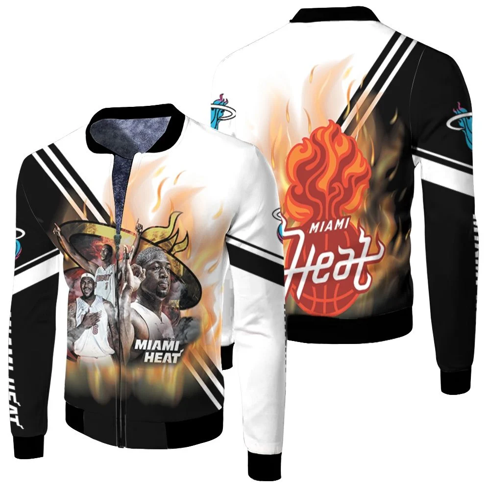 Miami Heat Big Three Chris Bosh Lebron James Dwyane Wade On Fire For Fan Fleece Bomber Jacket