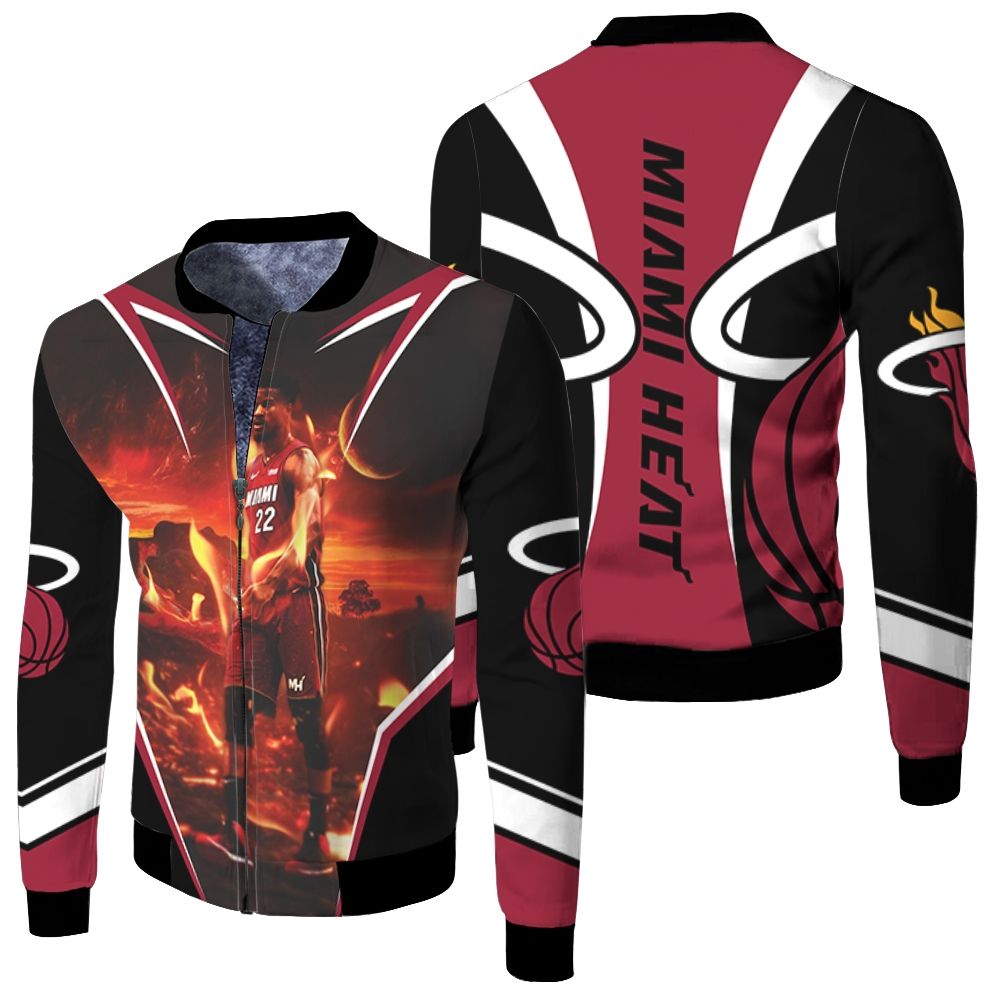 Miami Heat Jimmy Butler 22 Walk On Fire For Fan Fleece Bomber Jacket