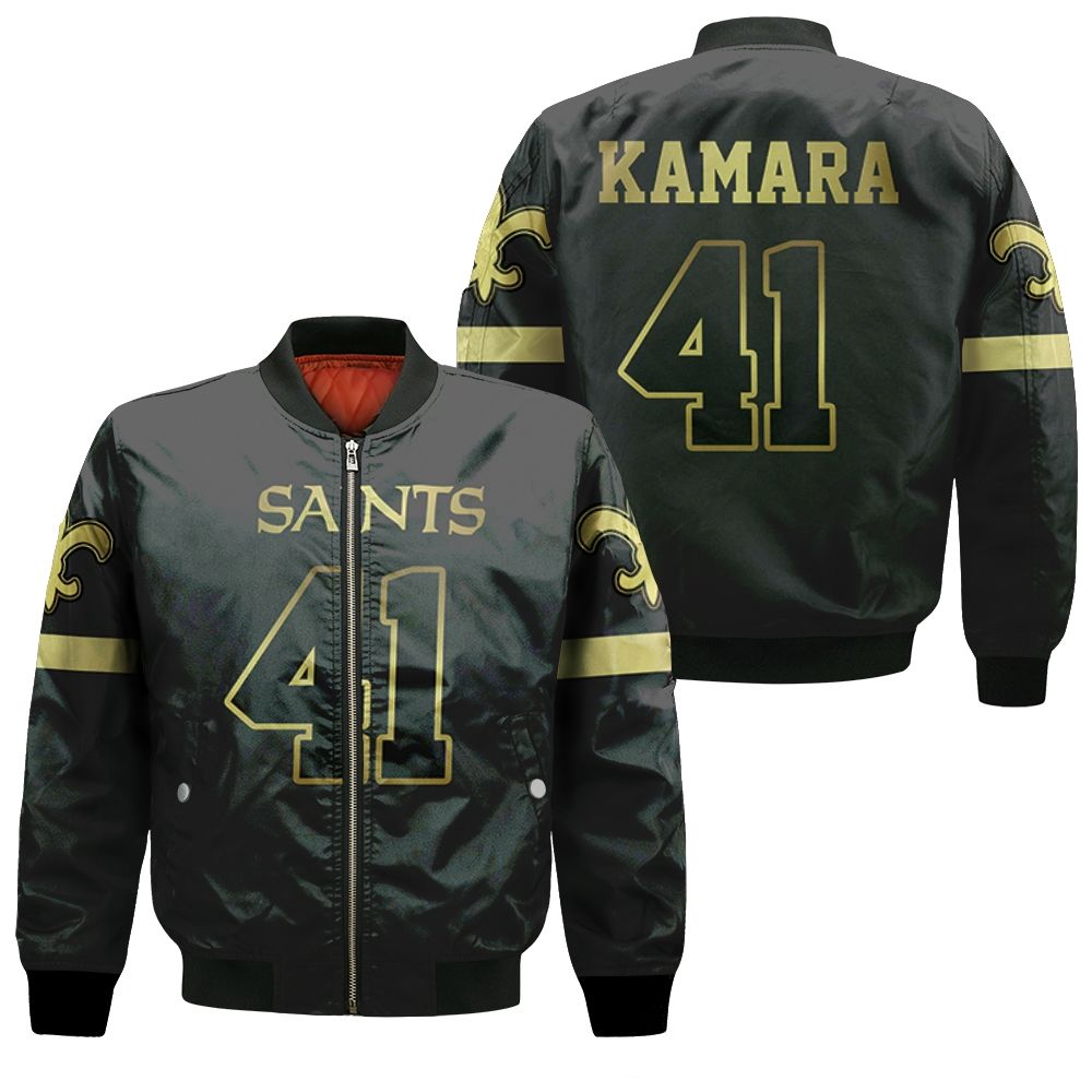 New Orleans Saints 41 Alvin Kamara Black Golden Edition Jersey Inspired Style Bomber Jacket