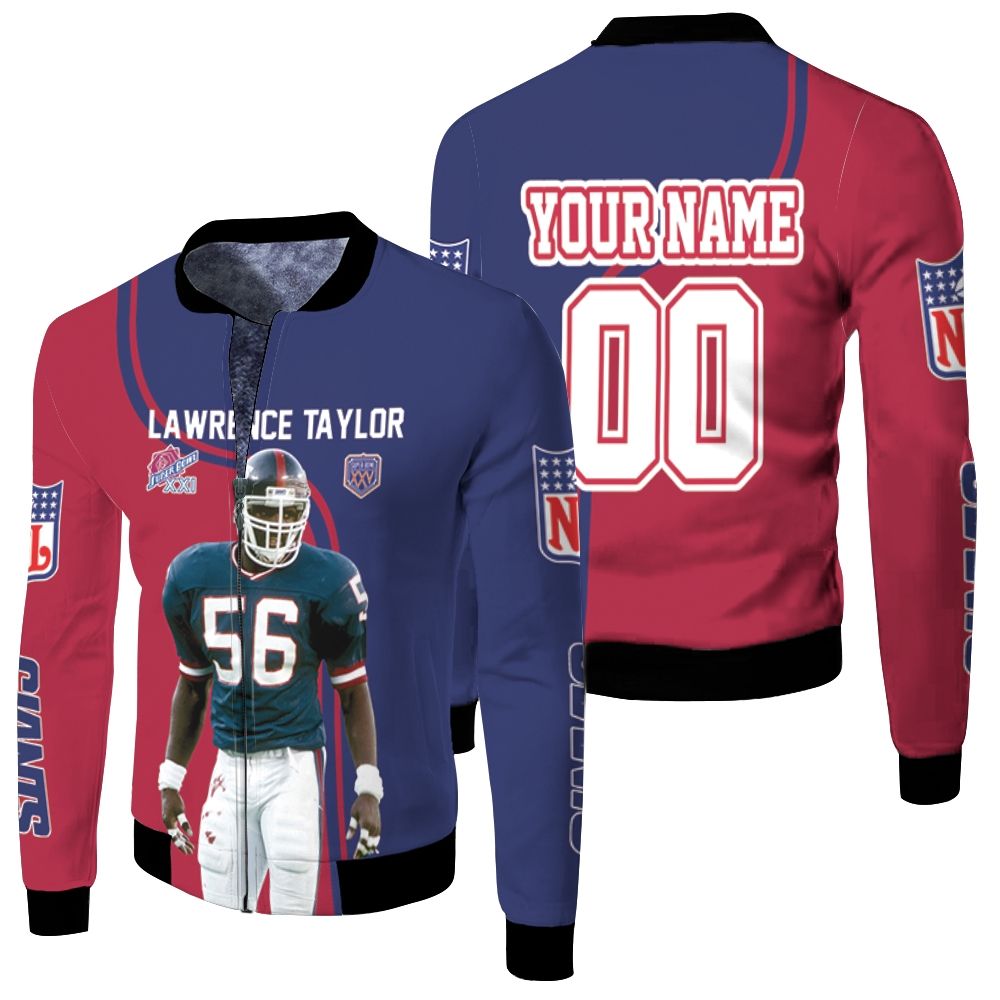 New York Giants Lawrence Taylor 56 Signature 3d Personalized Fleece Bomber Jacket