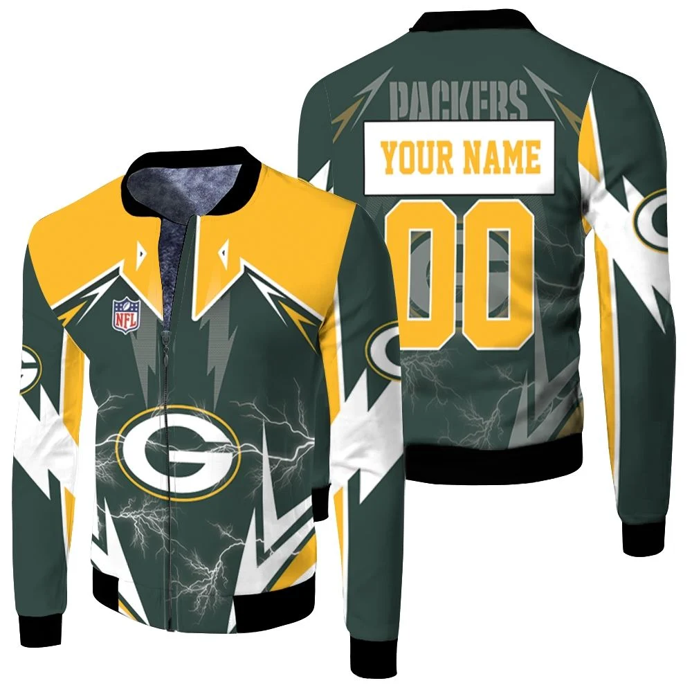 Nfl Green Bay Packers Lightning 3d Personalized Fleece Bomber Jacket