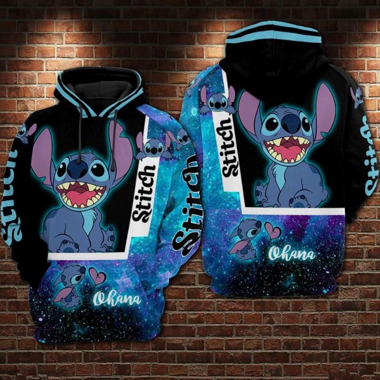 Ohana Stitch Cartoon Lilo And Stitch Over Print 3d Zip Hoodie