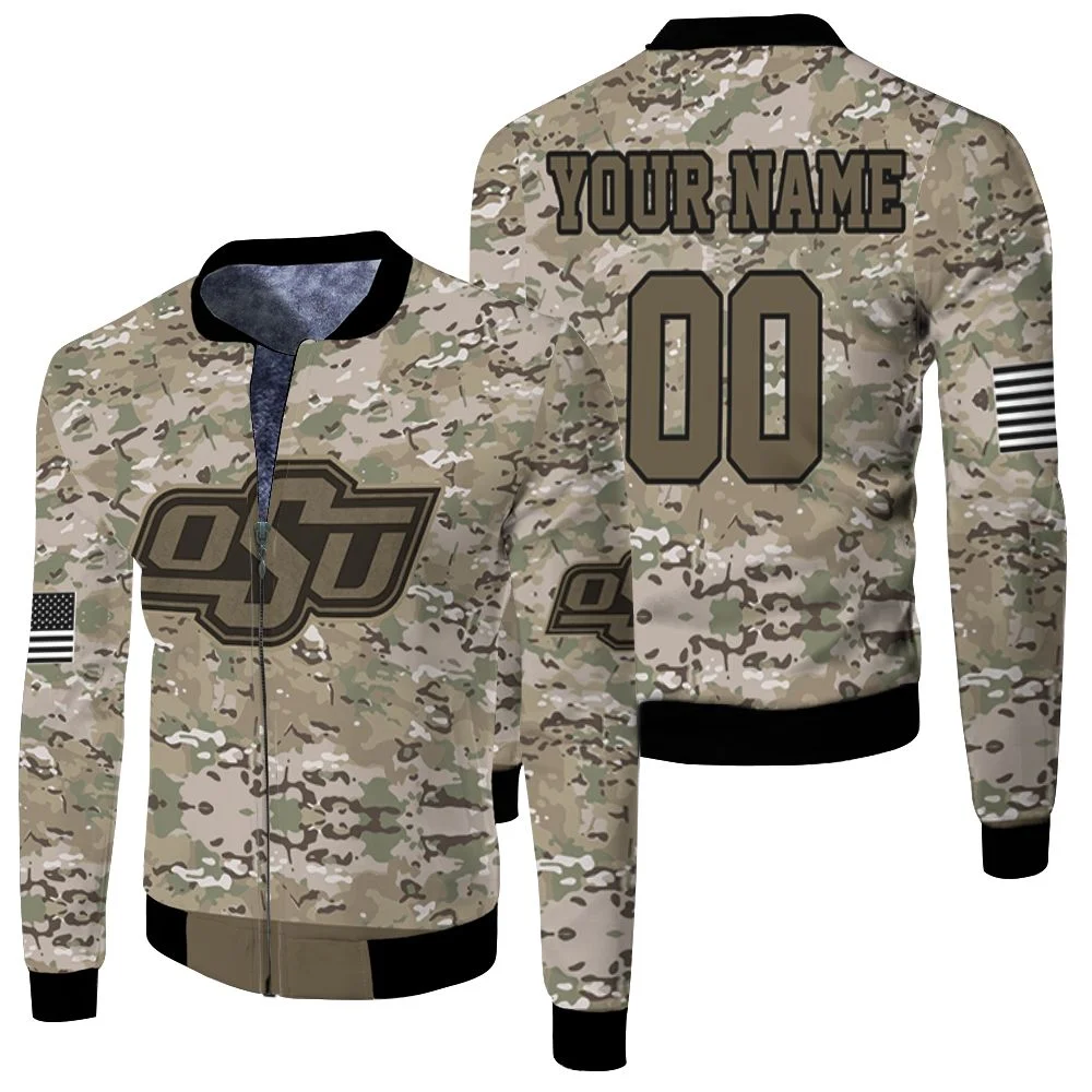 Oklahoma State Cowboys Camo Pattern Personalized Fleece Bomber Jacket