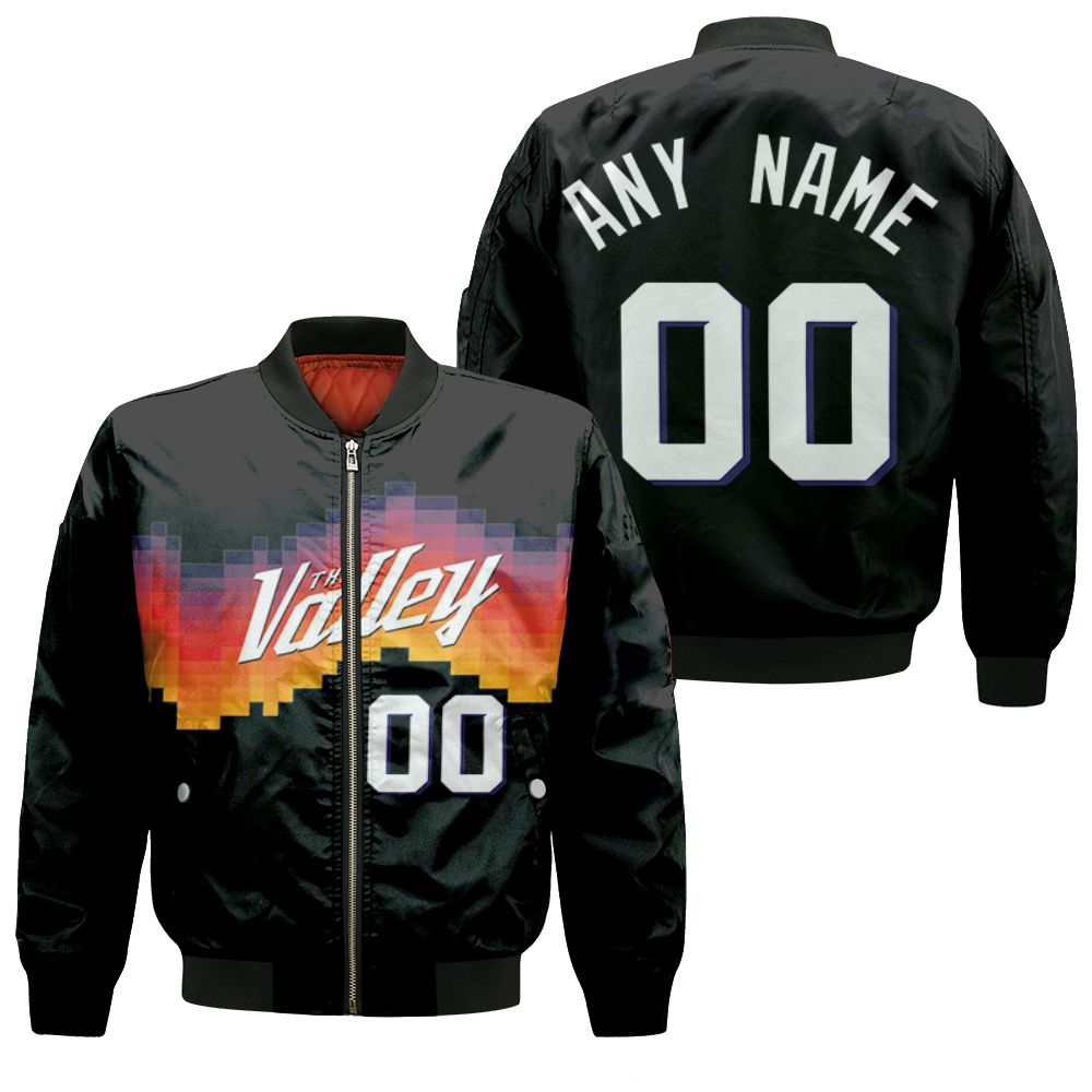 Personalized Phoenix Suns 00 Anyname 2020 Black City Edition The Valley Jersey Inspired Style Gift For Phoenix Suns Fans Bomber Jacket