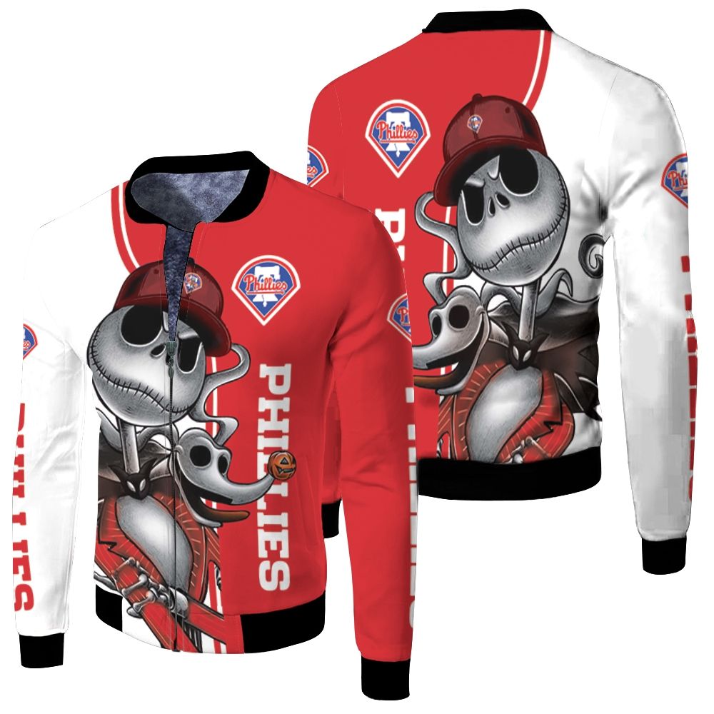 Philadelphia Phillies Jack Skellington And Zero Fleece Bomber Jacket