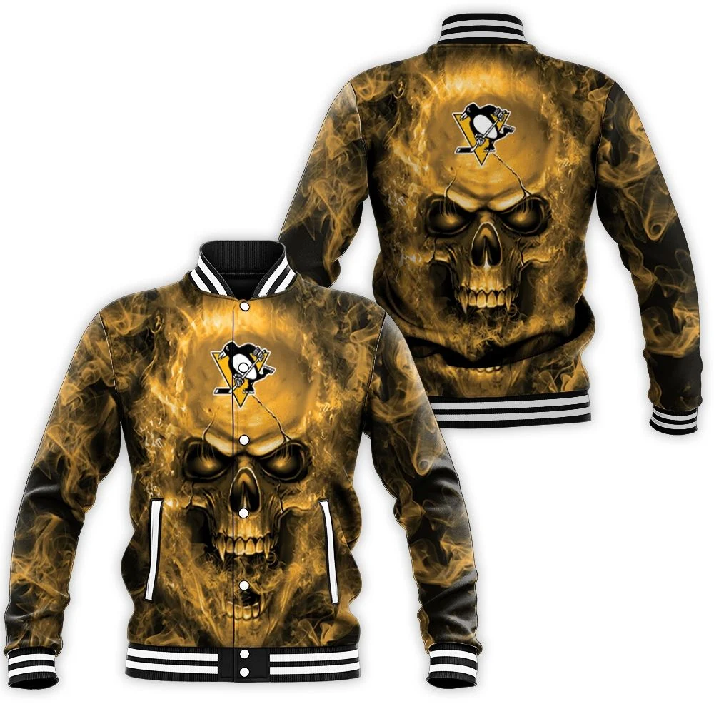 Pittsburgh Penguins Nhl Fans Skull Baseball Jacket