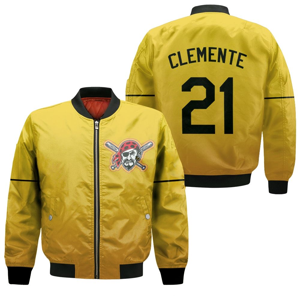 Pittsburgh Pirates Roberto Clemente #21 Great Player 2020 Mlb Baseball Team Logo Yellow 3d Designed Allover Gift For Pirates Fans Bomber Jacket