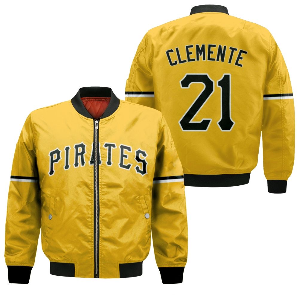 Pittsburgh Pirates Roberto Clemente #21 Mlb Great Player Baseball Team Logo Majestic Official Gold 2019 3d Designed Allover Gift For Pirates Fans Bomber Jacket
