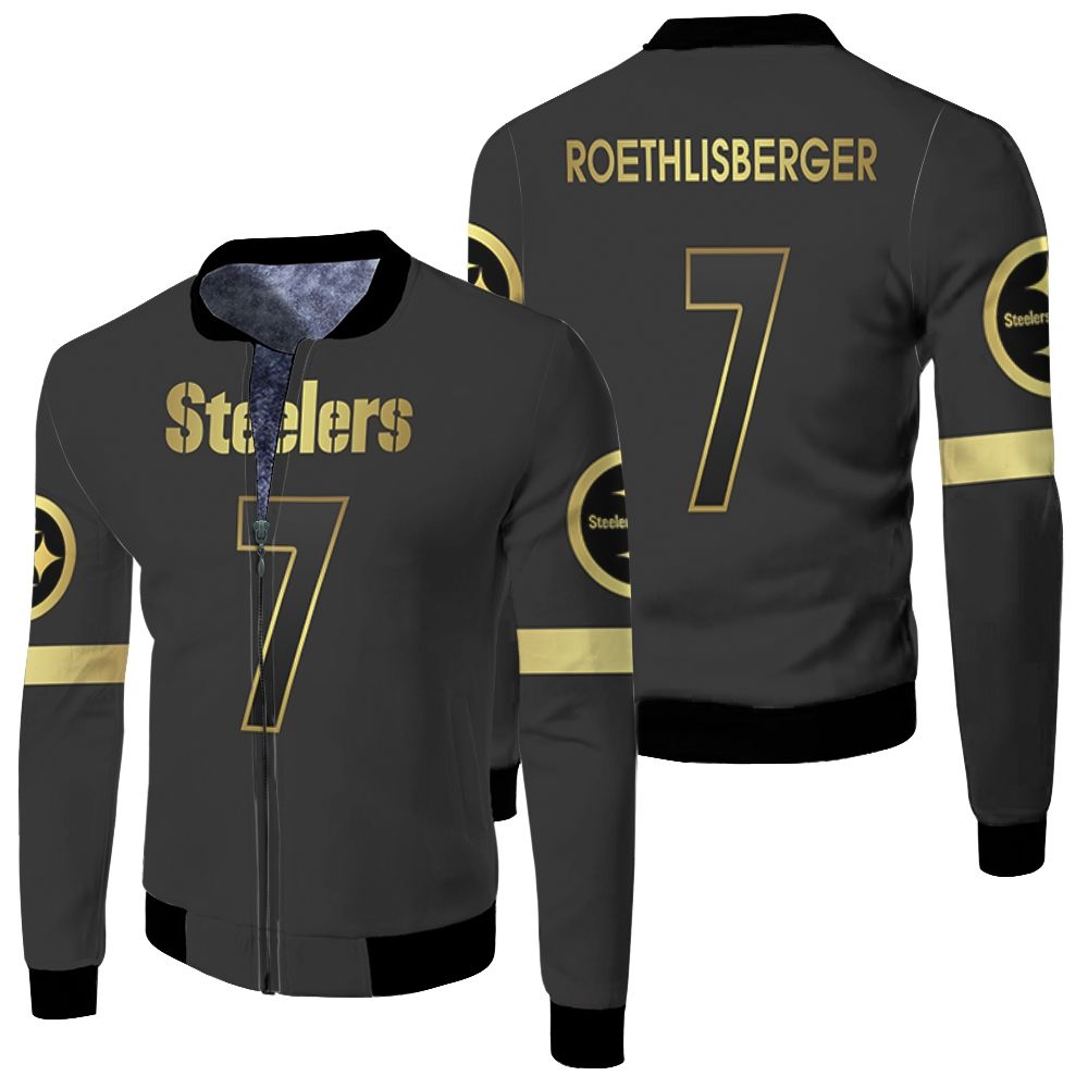 Pittsburgh Steelers 7 Ben Roethlisberger Black Golden Edition Jersey Inspired Fleece Bomber Jacket