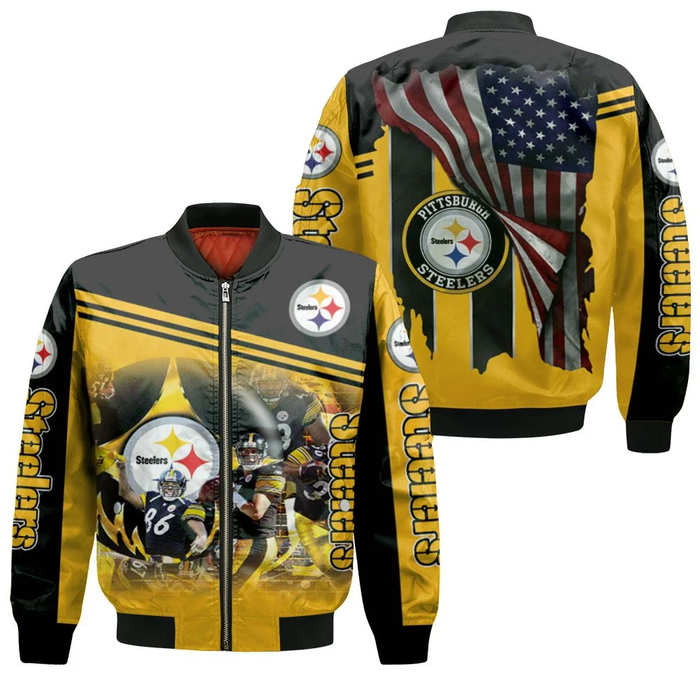 Pittsburgh Steelers Great Players 2020 Nfl Season Jersey American Flag Black And Yellow Bomber Jacket