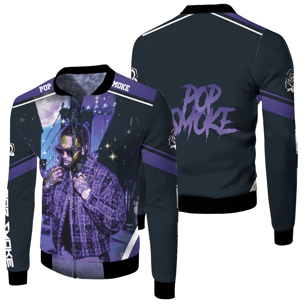 Pop Smoke Glitter Street Rap Hip Hop Night Moon Fleece Bomber Jacket