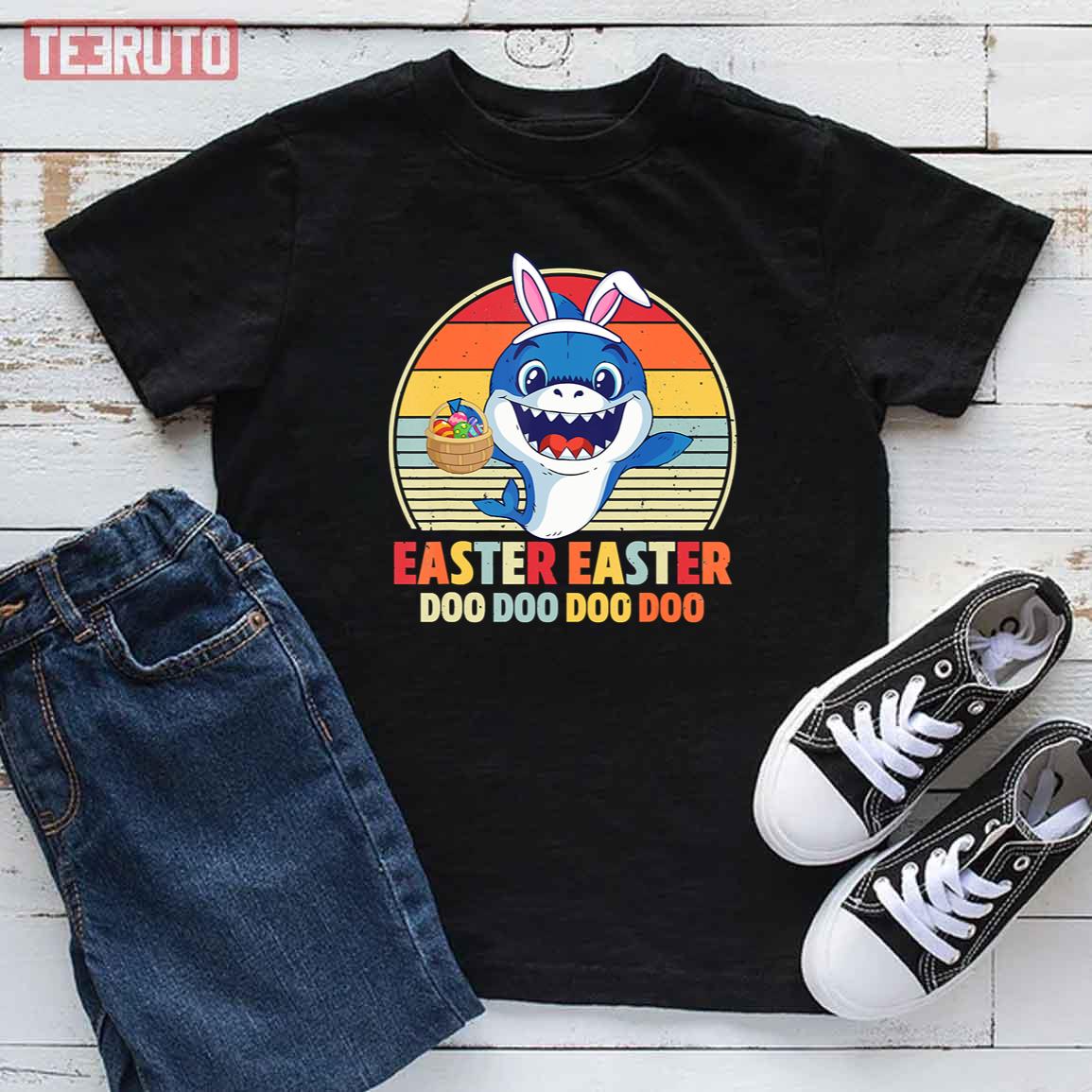 Retro Shark Easter Day Bunny Hat Kid T-Shirt