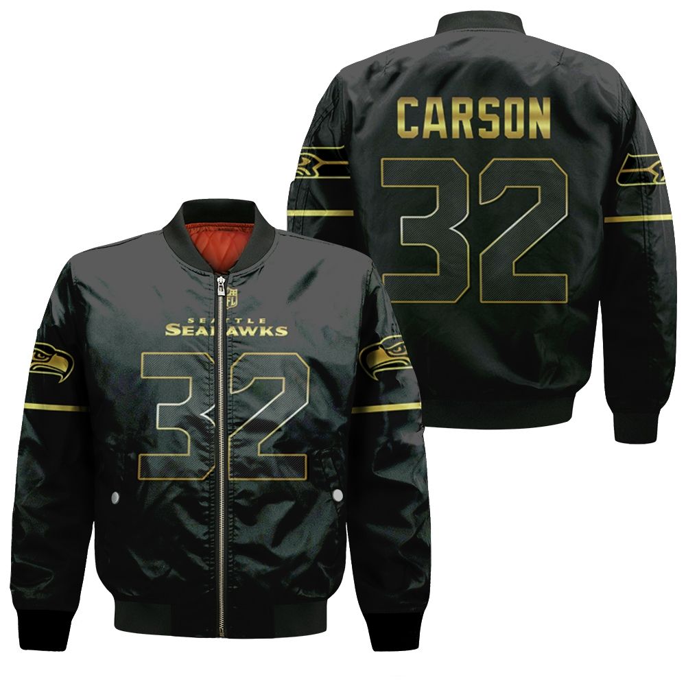 Seattle Seahawks Chris Carson #32 Nfl American Football Team Black Golden Edition 3d Designed Allover Gift For Seattle Fans Bomber Jacket