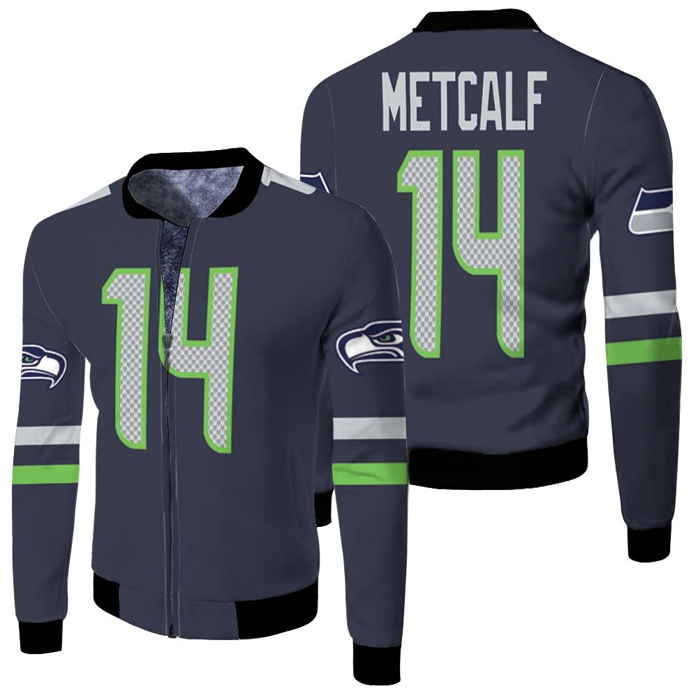 Seattle Seahawks D K Metcalf Limited Navy 100th Season Jersey Inspired Style Fleece Bomber Jacket