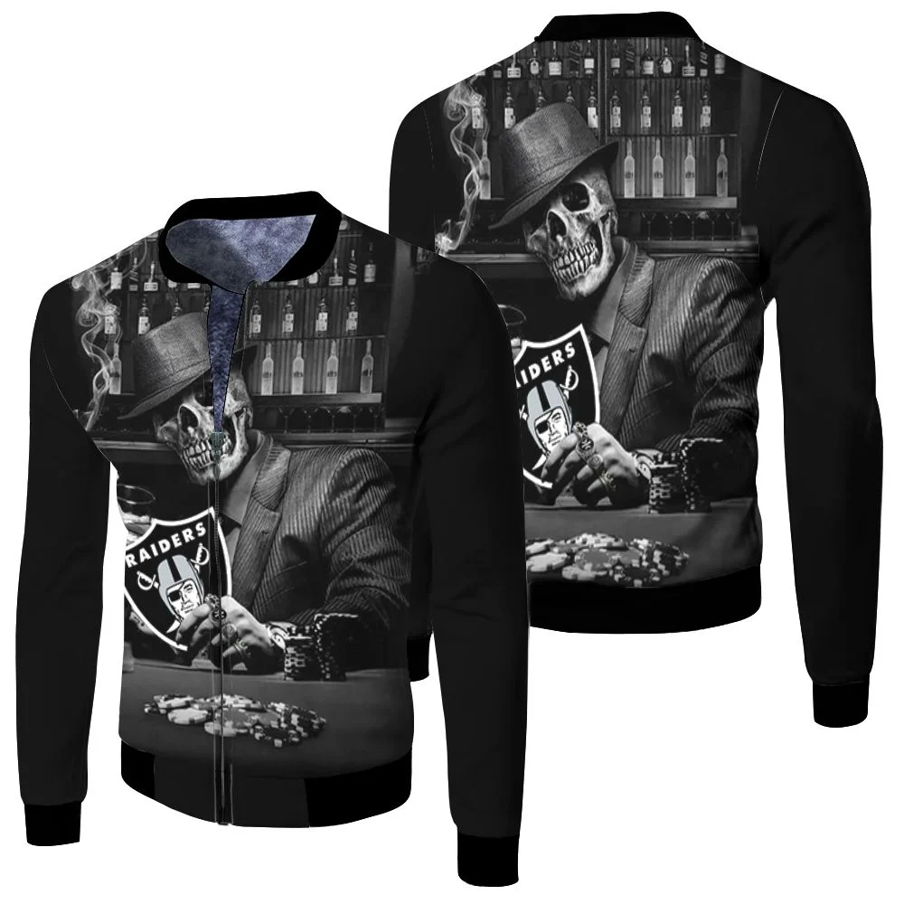 Skull Play Oakland Raiders Card 3d Jersey Fleece Bomber Jacket