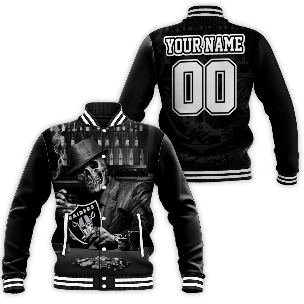 Skull Play Oakland Raiders Card 3d Personalized Baseball Jacket