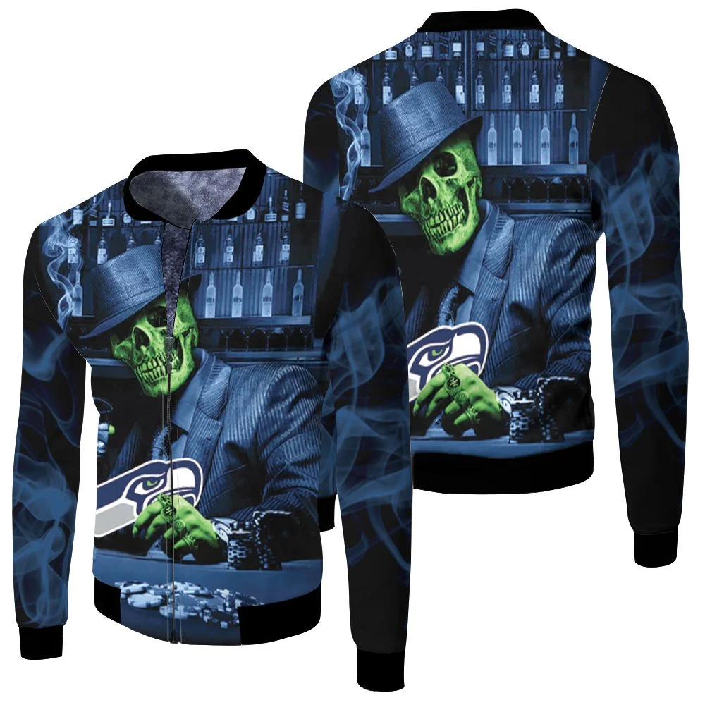 Skull Play Seattle Seahawks Card 3d Jersey Fleece Bomber Jacket