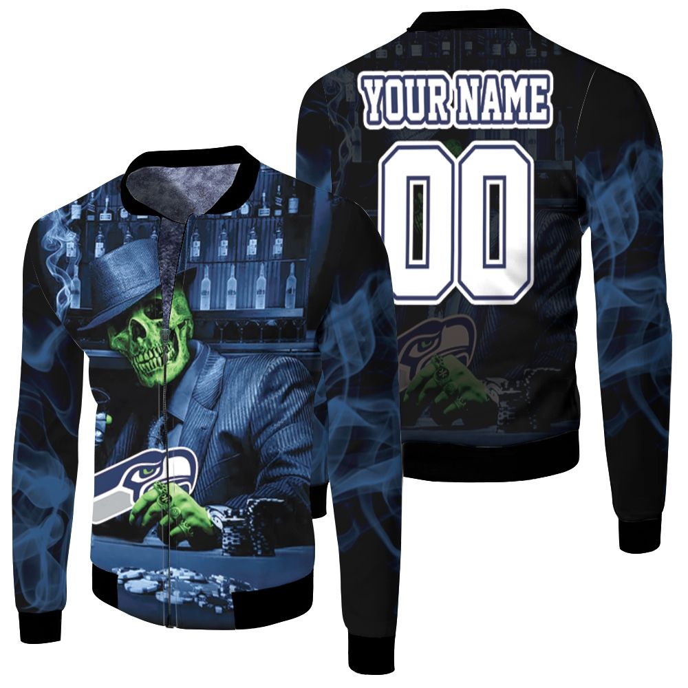 Skull Play Seattle Seahawks Card 3d Personalized Fleece Bomber Jacket