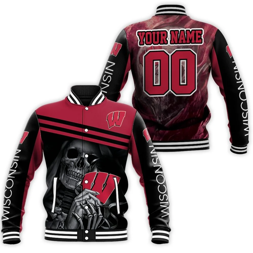 Skull Wisconsin Badgers 3d Personalized Baseball Jacket